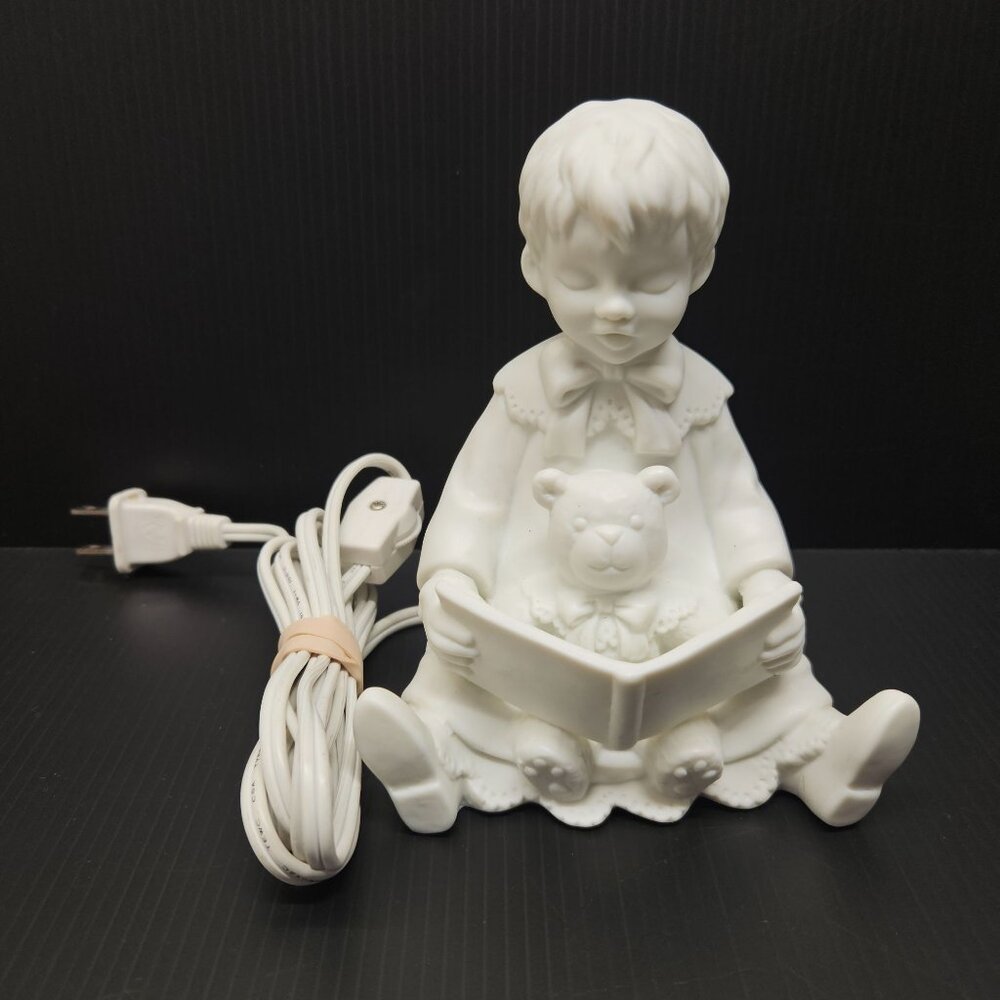Goebel White Matte Porcelain Reading Boy and Teddy Bear Night Light